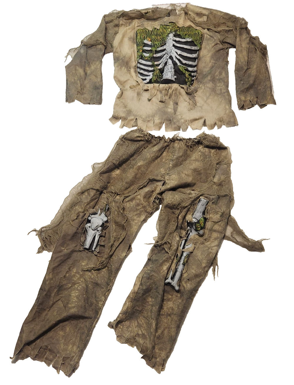 Skeleton Zombie Rags Exposed Bone Shirt Pants Halloween Costume Kids 8-10